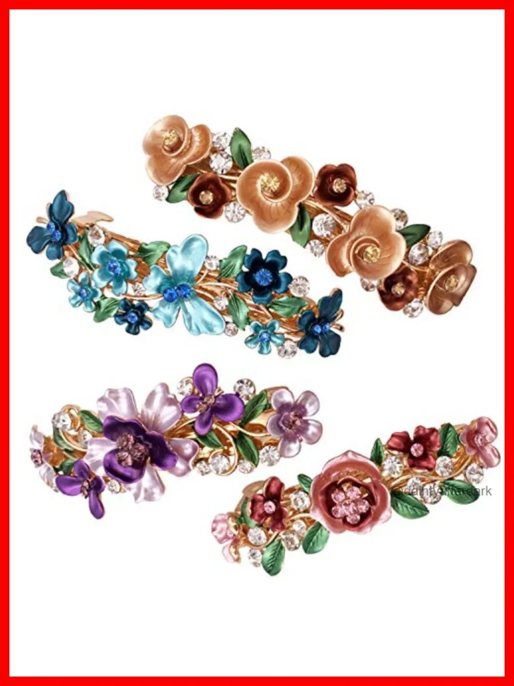 Vintage Floral Metal Barrettes Set of 4 - Hair Clasps Accessories